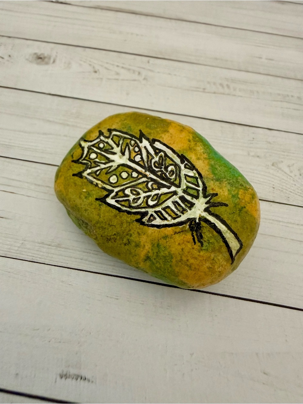 Handmade Hand Painted Garden 🪴 Stone Green with White Feather